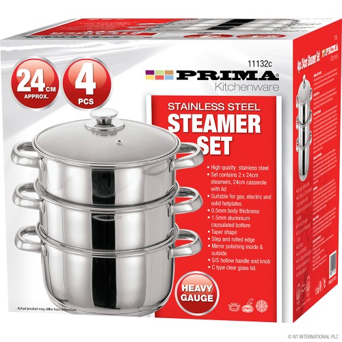 4pc 24cm 3 Tier S/S Steamer Set with Glass lid