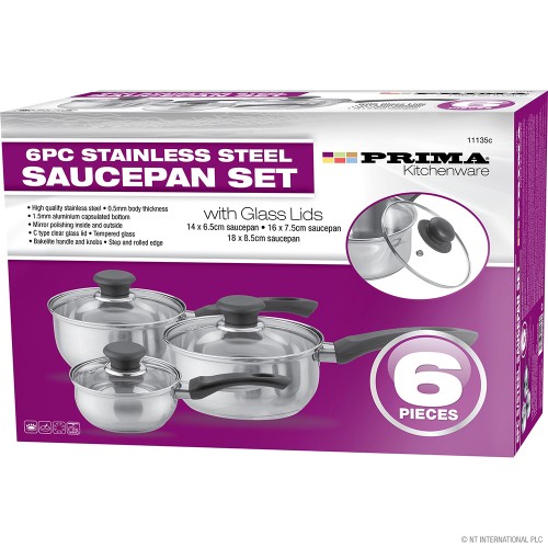 6pc S/S Saucepan Set Glass Lids 14/16/18cm