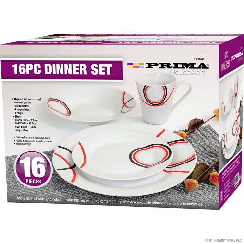 16pc Dinner Set with Red and Black Design