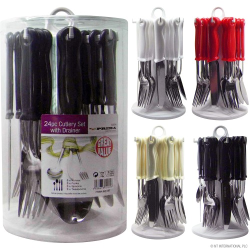 24pc S/S Cutlery Set with Round Drainer (3 Assorted Colours)