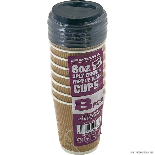 8PC - 8Oz Ripple Wall Cup with lid (Brown)