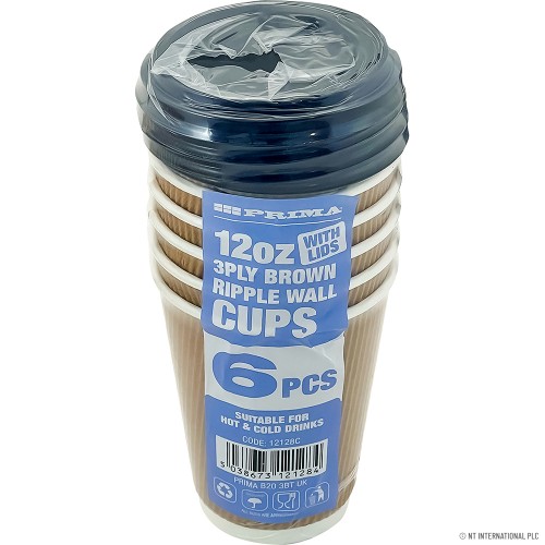 6PC - 12Oz Ripple Wall Cup with lid (Brown)