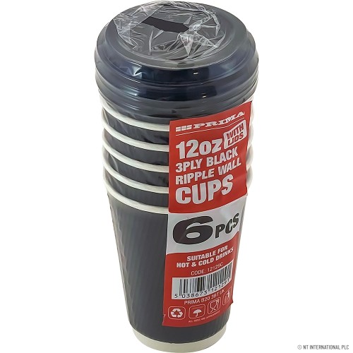 6PC - 12Oz Ripple Wall Cup with lid (Black)