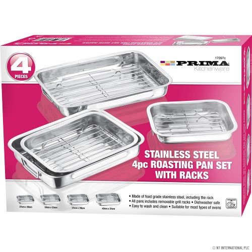 4pc S/S Roasting Pan Set with Racks - Heavy