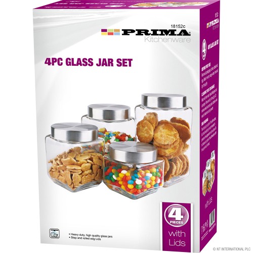 4pc Glass Jar Set W/Aluminium Lids - Square