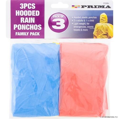 3pk Poncho Hooded Rain Coat - Family Pack