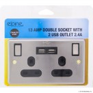 13A Double Socket - 2 USB 2.4A S/Steel