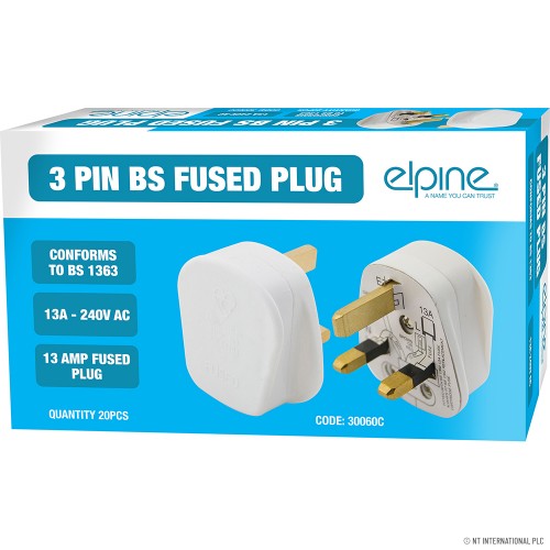 13A 3 Pin Plugs - Fused - White ( 20 )