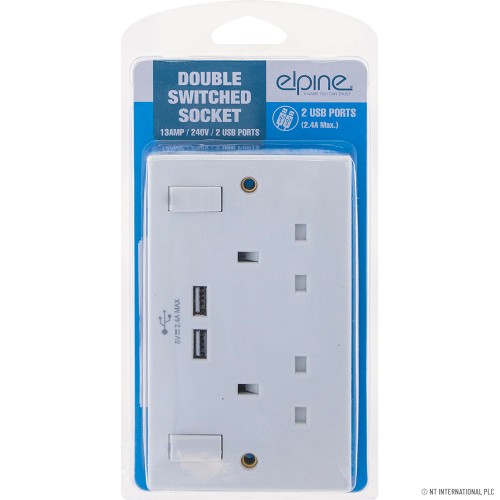 Double Switched Socket with 2 USB White