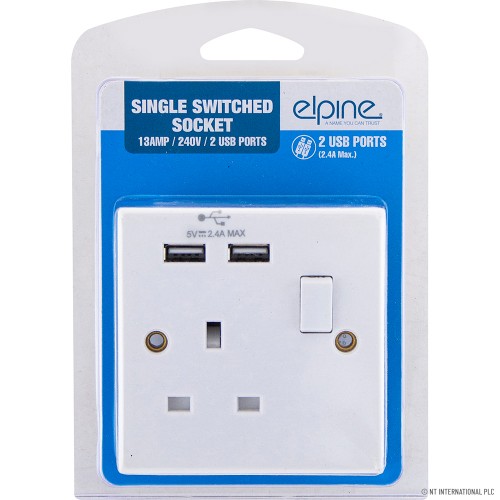 Single Switched Socket with 2 USB White