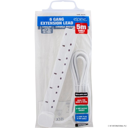 6 Way 5M Extension Lead with Neon Light