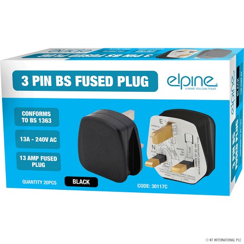 13A 3 Pin Plug - Fused - Black ( 20 )