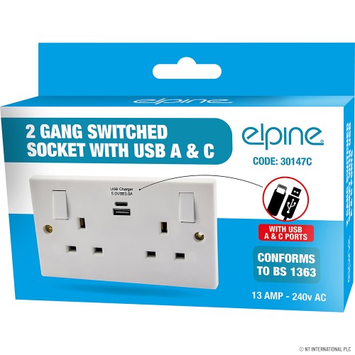 New Double Socket W/2USB,Type A+C 2.4 A,Colou