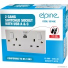 New Double Socket W/2 USB, Type A+C 2.4A, Pol