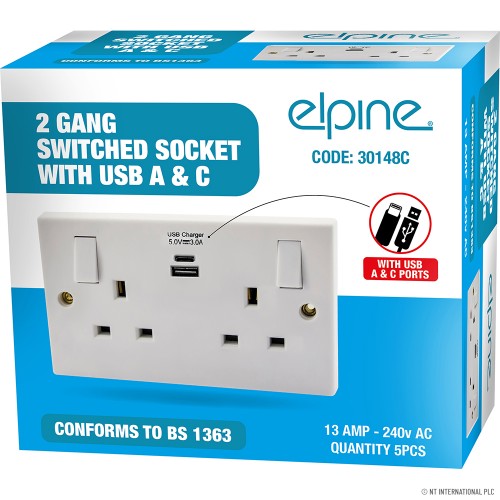 New Double Socket W/2 USB, Type A+C 2.4A, Pol