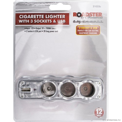3 Way 12v Car Cigarette Lighter Socket & USB