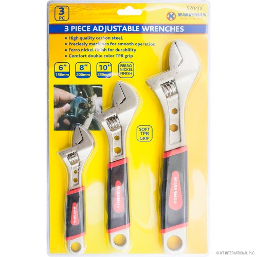 3pc Adjustable Wrench Set - Rubber Handle