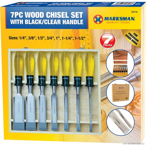 7pc Wood Chisel Set - Wooden Box - Yellow