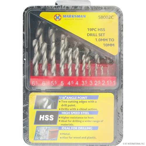 19pc HSS Titanium Drill Set - 1.0mm to 10mm