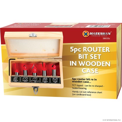 5pc Router Bit Set in Wooden Case