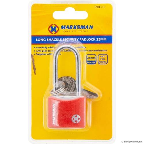 25mm Long Shackle Security Padlock - Red