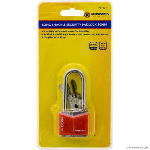 30mm Long Shackle Security Padlock - Red