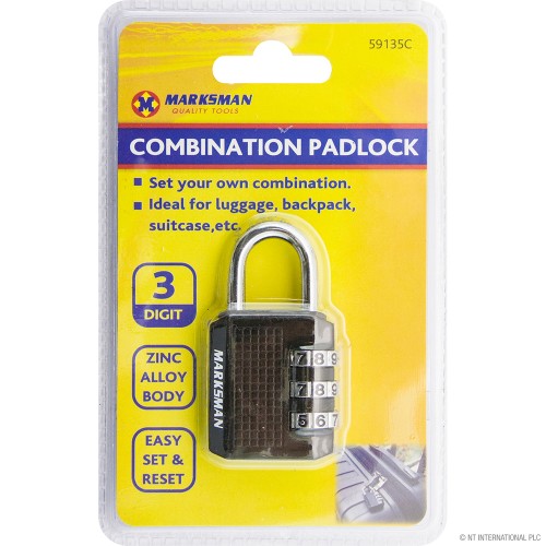 3 Digit Combination Padlock - Black