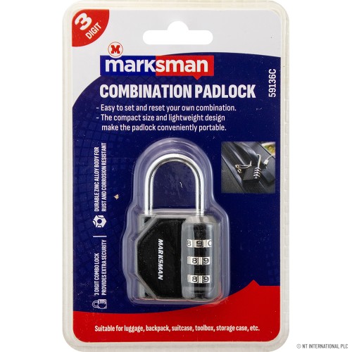 3 Digit Combination Padlock - Black