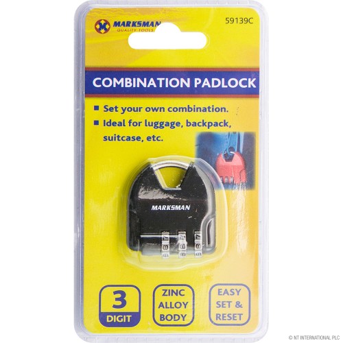 3 Digit Combination Padlock  - Black