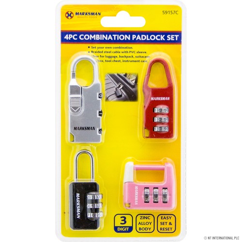 4pc 3 Digit Combination Padlock Set