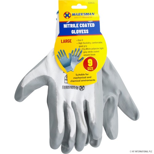Size 9  White / Grey Nitrile Coated Gloves -