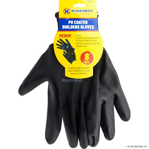 Size 8 Black PU Coated Builder Gloves - M