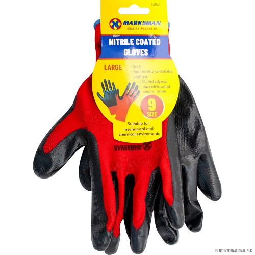 Size 9 Red / Black Nitrile Coated Gloves - L