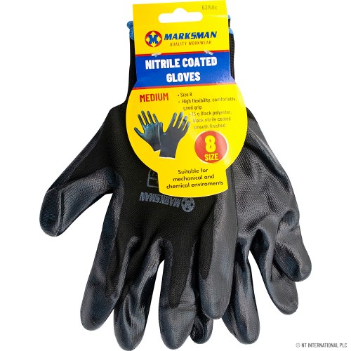 Size 8 Black/ Black Nitrile Coated Gloves - M