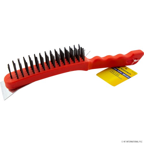 4 Row Wire Brush with Scraper - Red Handle