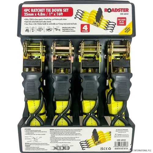 4pc 25mm x 4.8m(1500lb) Ratchet Tie Down