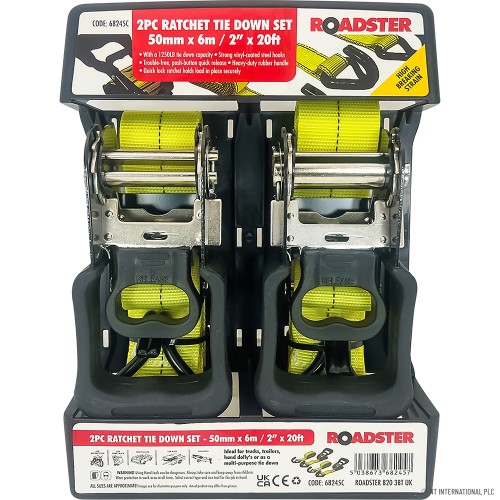 2pc 50mm x 6m (2500lb) Ratchet Tie Down