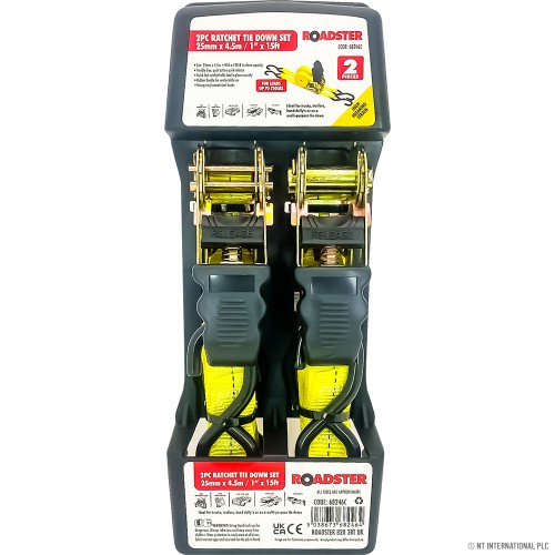 2pc 25mm  x 4.5m (1500lb) Ratchet TieDown