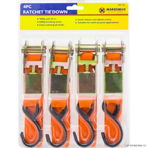 4pc Ratchet Tie Downs - Blister