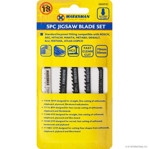 5pc Jigsaw Blade Set On Card
