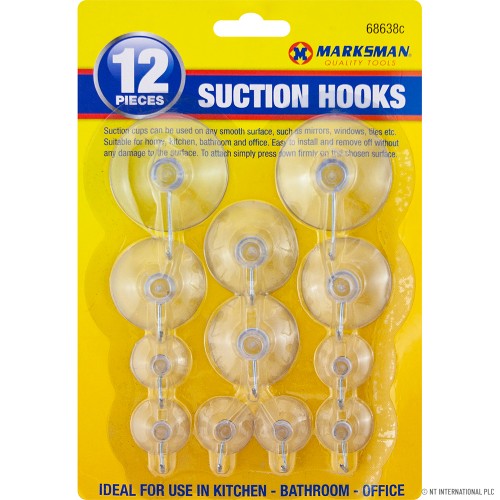 12pc Assorted Suction Hooks - Clear