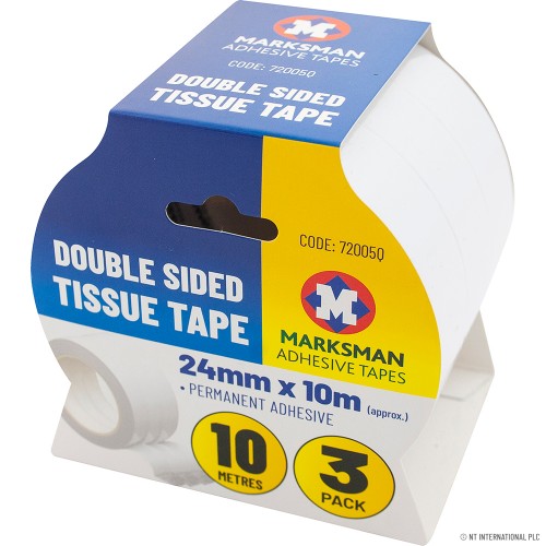 3pk D/Sided Tissue Tape White 24mm x 10m
