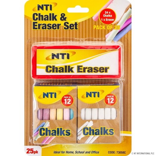 25pk Chalk & Eraser Set - White , Coloured