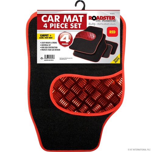 4pc Car Mat Set - Aluminium Patch - Red