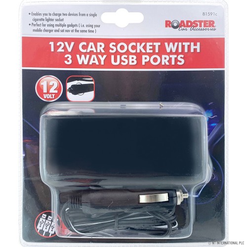 12v 3 Way Car Socket ( USB + Cable )